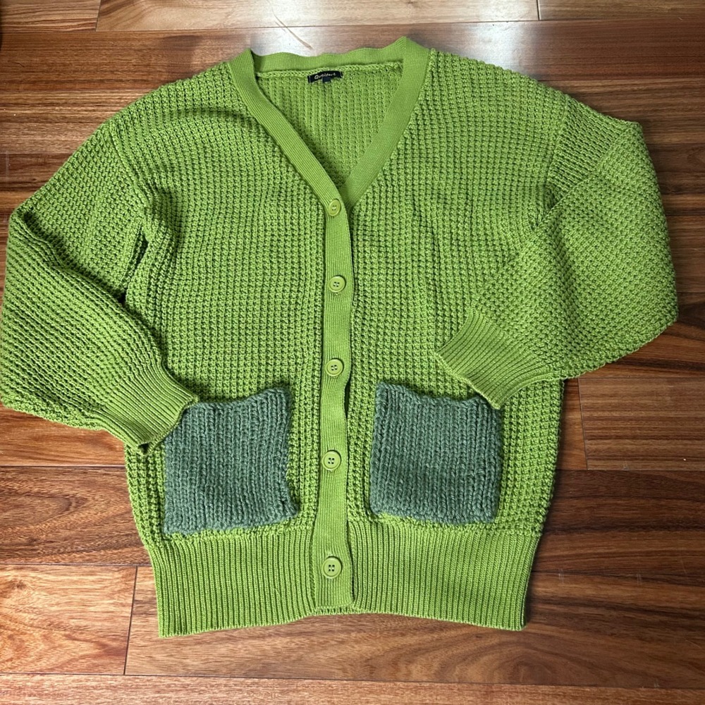 Qualfort‎ Women's L Green Cotton Knit Cardigan Sweater with Pockets